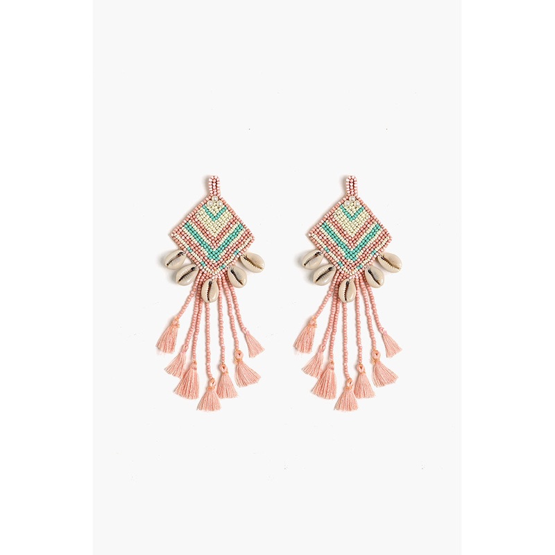 Rose Beaded Tassel Shell Earrings